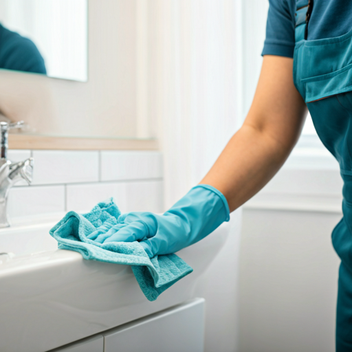 A close-up view of a professional cleaning wiping down pristine tiles.